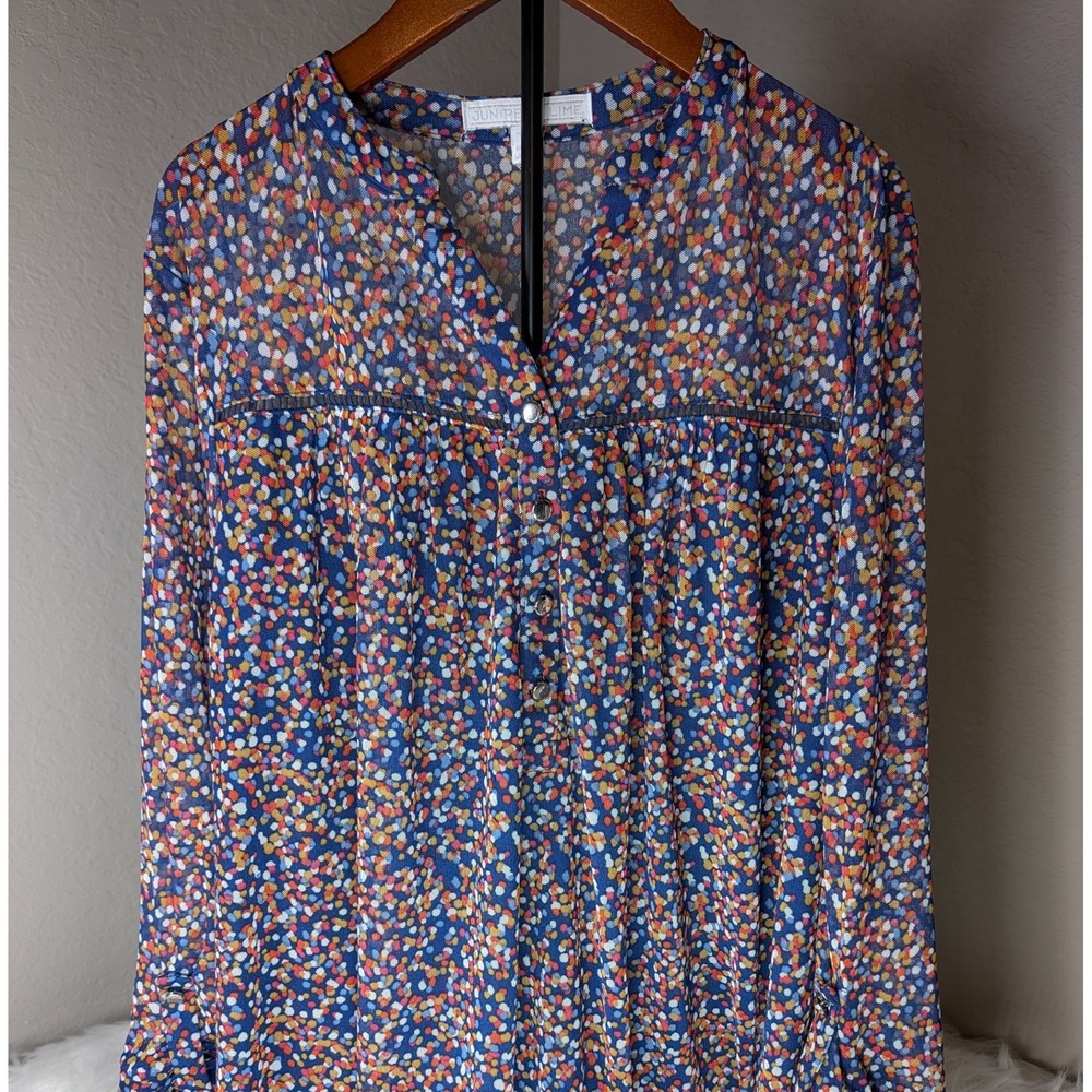 Juniper + Lime Blouse Women 1X Blue Multicolor Confetti Mesh Button Top Long Slv
